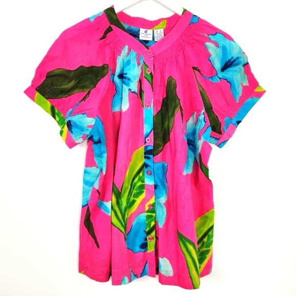 Caribbean Joe Cotton Tropical Pink Multicolor Smocked Button-Up Blouse Size XL - Picture 1 of 9